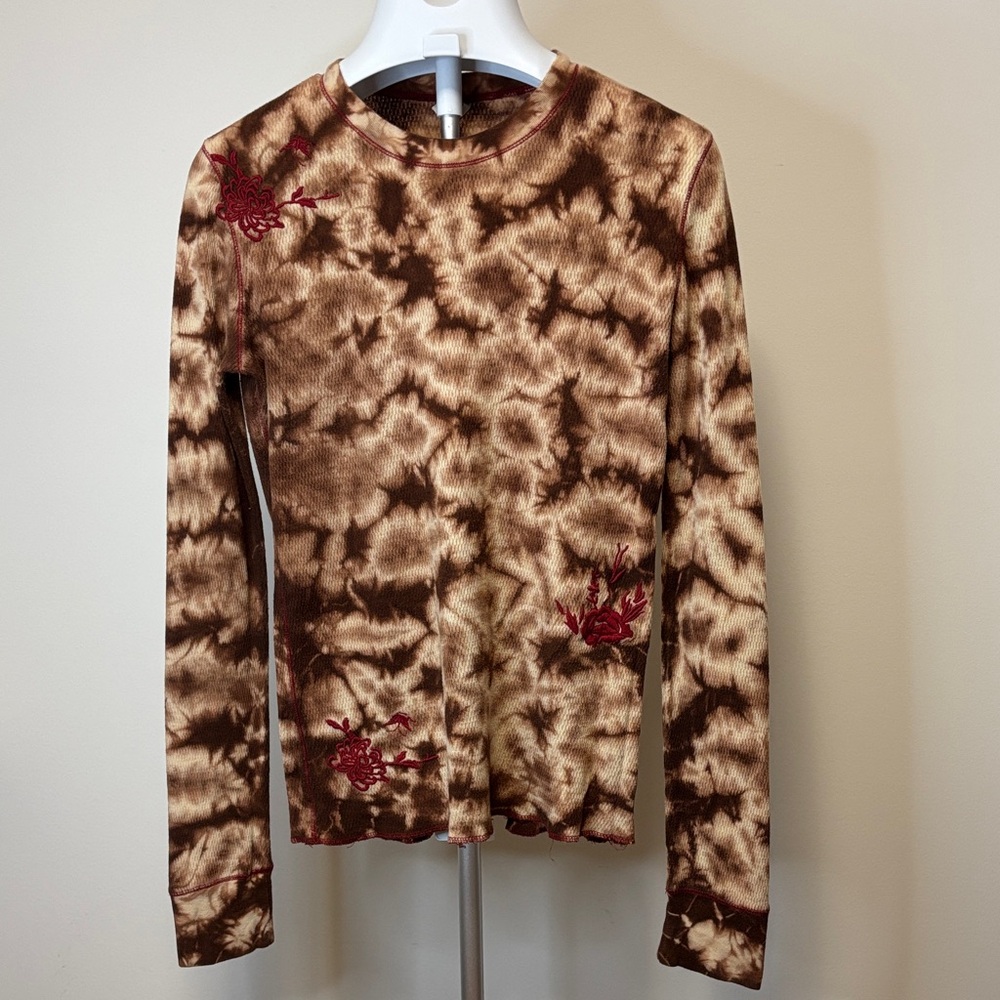 Vintage Lucky Brown Tie-Dye Long Sleeve Waffle Crewneck Red Embroidery Flower Lg